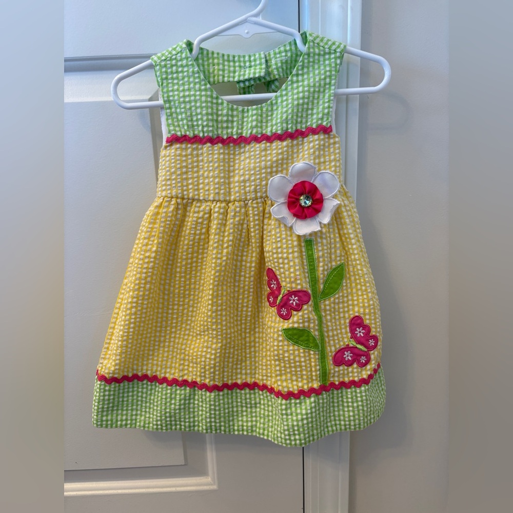 Rare Editions 12-18 Month Seersucker Green and Yellow Floral Dress